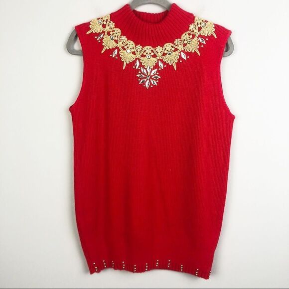 FOCUS USA | Vintage Sweater Set Red Gold Embellished Sleeveless Top & Cardigan - Picture 7 of 12